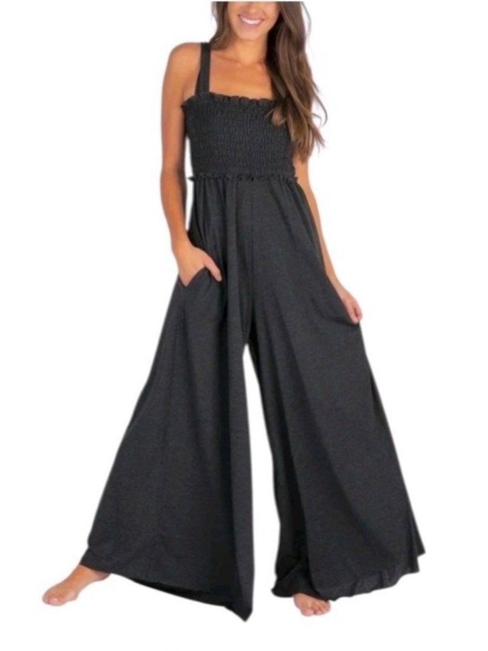 Natural Life Harper Knit Black Charcoal Jumpsuit Wide Leg Size XS Soft Smocked